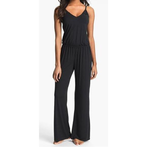 🎄 Splendid sleeveless v-neck flare bottom jumpsuit cozy lounger small black - Picture 1 of 17